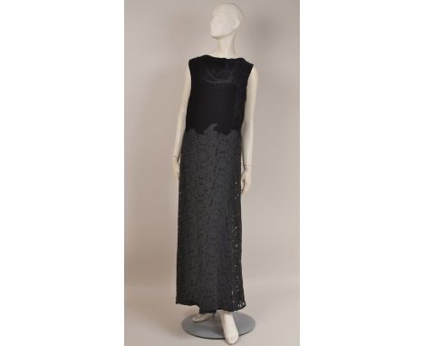 1930'S LACE DRESS,  FEATHERS & CORSAGE A black lace dress with velvet bodice, mock buttons down the back with poppers underne