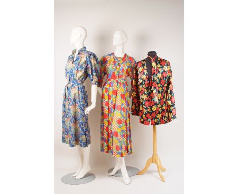 A 198O'S 'JEAN MUIR' GEOMETRIC PRINT SUMMER DRESS  In bright shades of red,blue, yellow, green and orange on a cream sheer cr