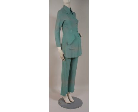 A CIRCA 1968 'OSSIE CLARK' MOSS CREPE TROUSER SUIT Duck egg green long fitted and tailored jacket with tab collar buttoned to