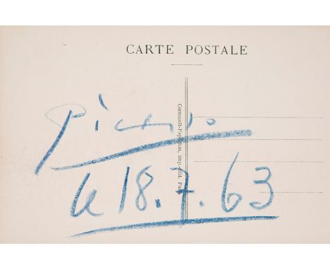 Pablo Picasso (Malaga, 1881 - Mougins, France, 1973)Autograph in blue wax and dated&nbsp;"le 18.7.63", on the back of a postc