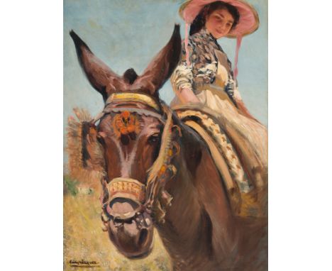 "Peasant Woman on Horseback"Oil on canvas. Signed.On the back some patches can be seen which are the result of some minor res