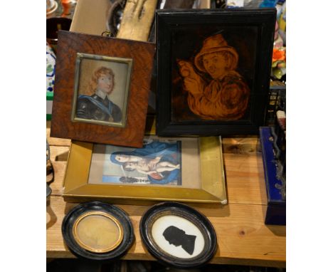 A 19th century silhouette, a portrait miniature in maple frame, and other items (Qty)