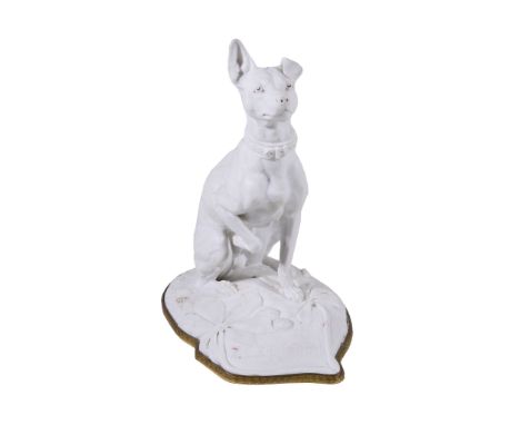 A Volkstedt biscuit porcelain model of a Manchester terrier, Zezette, after Charlotte Stephanie Emile Bertrand, first quarter