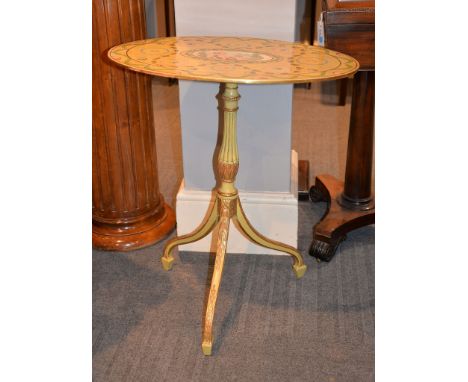 A George III style painted oval tripod table, possibly incorporating some period elements, 69cm high, the oval top 45cm x 69c