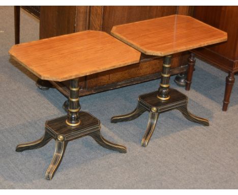 A pair of satinwood and simulated calamander pedestal tables in Regency style, of recent manufacture, together with a mahogan