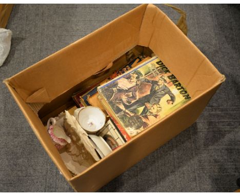 A selection of assorted books including a volume of Dick Barton, Special Agent & various decorative items including a painted