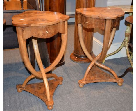 A pair of burrwood Biedermeier style lamp tables, 20th century, tripod bases, 47cm high