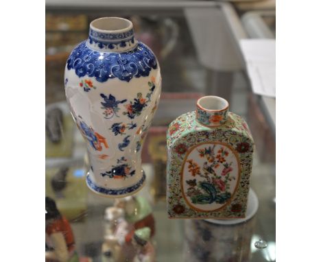 A Chinese famille rose tea caddy, late 18th or 19th century, painted with oval panels of birds and flowers, 13cm high and a C