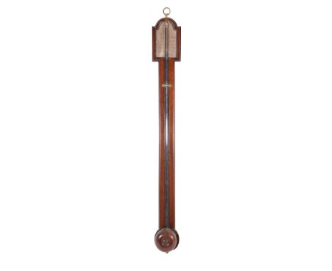 A mahogany stick barometer, with paper dial with the usual observations above mercury tube and convex cistern cover, 87cm hig