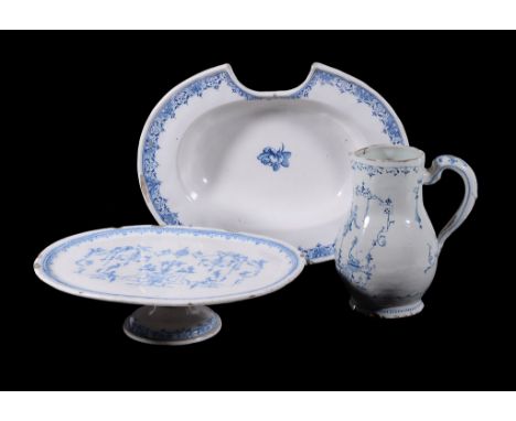 Three items of blue and white faience painted in the Berainesque manner, first half 18th century, probably Southern French or