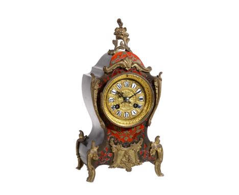 A French simulated tortoiseshell and boule inlaid mantel clock, late 19th century, the eight-day gong striking movement stamp