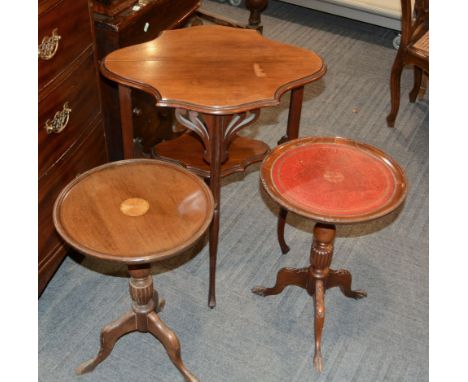 A walnut topped occasional table in Art Nouveau style, and two modern tripod wine tables