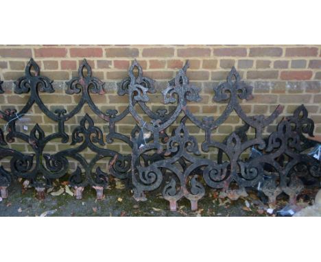 A quantity of substantial Victorian wrought iron railing sections, late 19th century, four principle sections and smaller fra