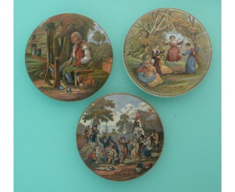 Il Penseroso (235) and The Swing (239) and The Village Wedding (240) (3)(Staffordshire, pot lid, potlid, Prattware)