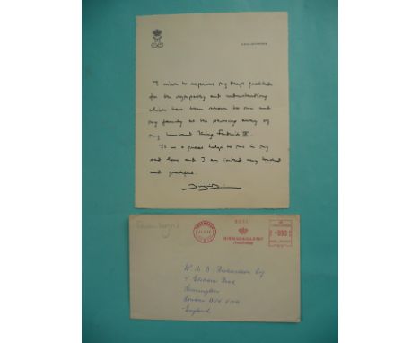 HM Queen Ingrid of Denmark: a printed letter and signature on Amalienborg stationary expressing thanks for sympathy following