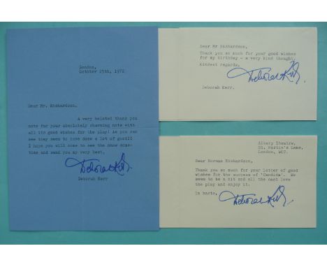 Deborah Kerr: a typed letter dated October 25th 1972 signed in blue felt tip, 203 x 153mm and two similarly signed cards (3)&