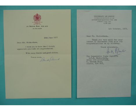 Sir Hardy Amies: a typed letter dated 24th June 1977 on embossed stationary, hand signed, 203 x 152mm and Anthony Blunt: a ty