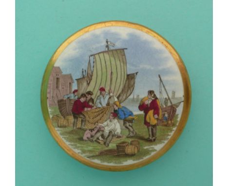 The unique Great Exhibition pot lid: The Net Mender (60) wide gold banded border(Staffordshire, pot lid, potlid, Prattware)* 