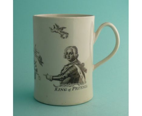 1757 King of Prussia: a Worcester mug printed en grisaille with a named and dated portrait, on the reverse a winged figure of