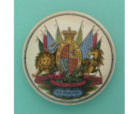 Royal Coat of Arms (355A) named J. N. Osborn, small restored chip to bottom of flange(Staffordshire, pot lid, potlid, Prattwa