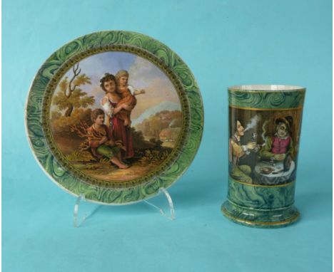 A malachite spill vase, small rim chip and a circular plaque (2)(Staffordshire, pot lid, potlid, Prattware)