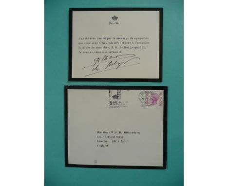 HM King Albert II of the Belgians: a card on Belvedere mourning stationary printed in French with thanks for sympathy on the 
