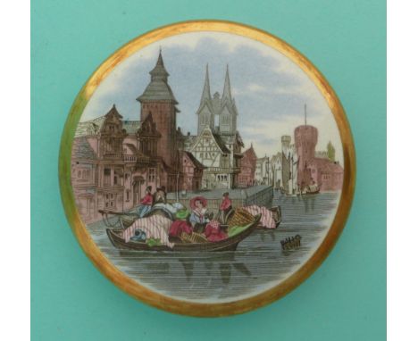 The unique Great Exhibition pot lid: Foreign River Scene (62) wide gold banded border(Staffordshire, pot lid, potlid, Prattwa