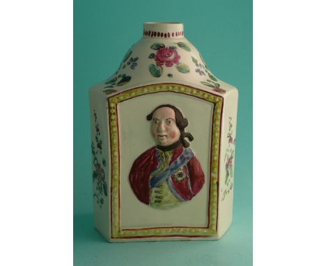 George III and Queen Charlotte: a colourful creamware caddy, the hexagonal body moulded with half-length portraits and well d