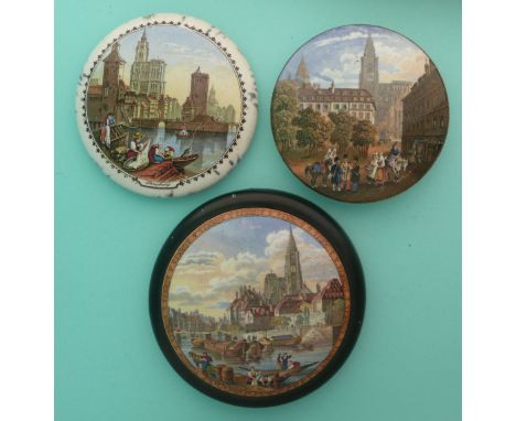 Vue de la Ville de Strasbourg (333) framed, Strasburg (331) and French Street Scene (312) (3)(Staffordshire, pot lid, potlid,