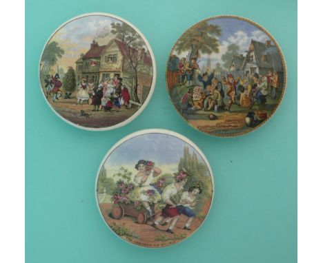 May Day Dancers (223) Children of Flora (237) and The Village Wedding (240) (3)(Staffordshire, pot lid, potlid, Prattware)
