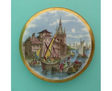 The unique Great Exhibition pot lid: Dutch River Scene (66) wide gold banded border(Staffordshire, pot lid, potlid, Prattware