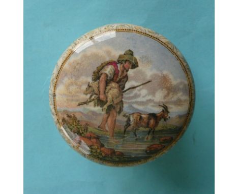 The Faithful Shepherd (309) domed lid with shaped base (2)(Staffordshire, pot lid, potlid, Prattware)