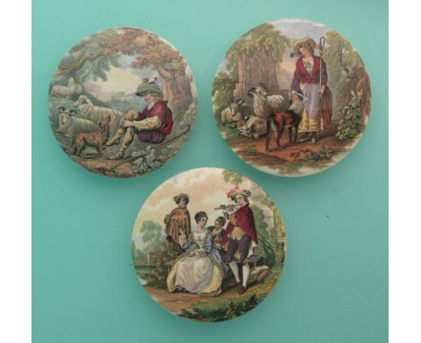 The Shepherdess (325) The Shepherd Boy (326) and The Flute Player (337) (3)(Staffordshire, pot lid, potlid, Prattware)