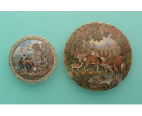 The Old Watermill (318) and Deer Drinking (321) (2)(Staffordshire, pot lid, potlid, Prattware)
