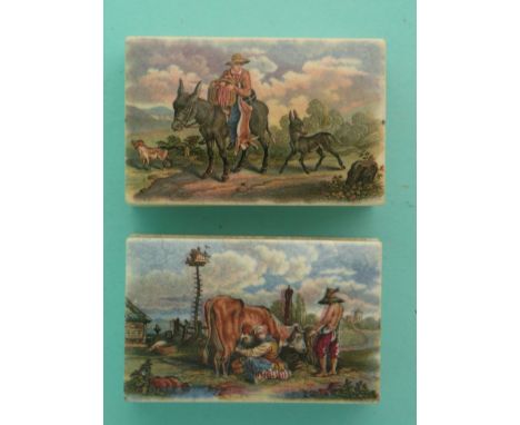 The Donkey’s Foal (386) and Milking the Cow (391) both with bases (4)(Staffordshire, pot lid, potlid, Prattware)