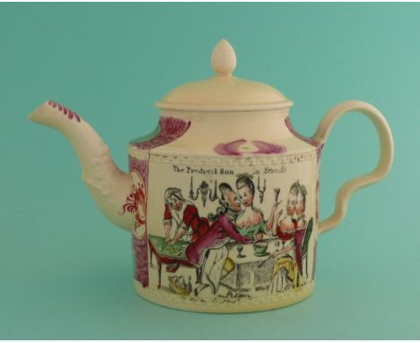 A creamware teapot with replacement cover, probably by William Greatbach of Fenton, printed in black and decorated in coloure