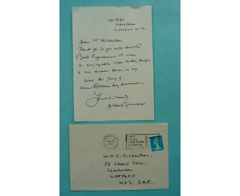 Alan Bennett: a handwritten letter 164 x 115mm, together with the envelope postmarked 14 March 1977 (2)(signed, autograph, le