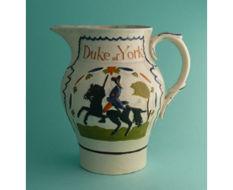 Duke of York and Prince Cobourg: a Prattware jug moulded with named equestrian portraits, circa 1793, 143mm(commemorative, po