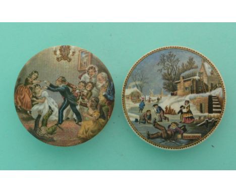 Blind Man’s Buff (246) and Dangerous Skating (249) (2)(Staffordshire, pot lid, potlid, Prattware)