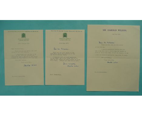 Rt Hon Harold Wilson MP: two typed letters on House of Commons stationary, both signed one with salutation and another dated 