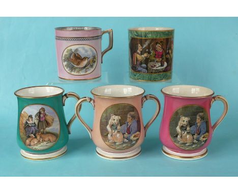Four various mugs and a loving cup, each restored (5)(Staffordshire, pot lid, potlid, Prattware)