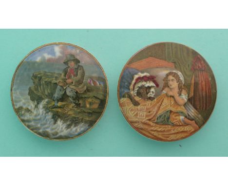 The Fisherboy (341) and Little Red Riding Hood (358) (2)(Staffordshire, pot lid, potlid, Prattware)