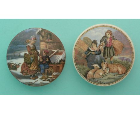 Dutch Winter Scene (308) and Lady, Boy and Goats (316) (2)(Staffordshire, pot lid, potlid, Prattware)