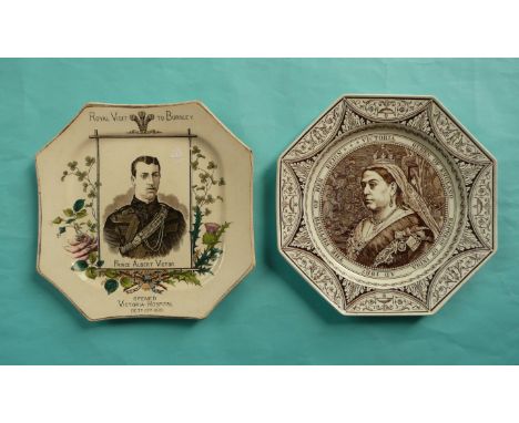 An octagonal pottery plate with named portrait of Prince Albert Victor for the 1886 visit to Burnley and a Mintons octagonal 
