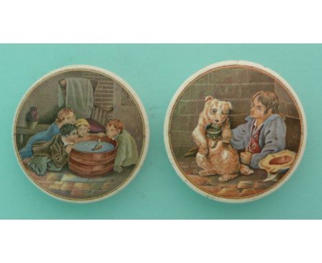 Children Sailing Boat in Tub (263) and The Begging Dog (270) (2)(Staffordshire, pot lid, potlid, Prattware)