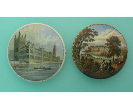 New Houses of Parliament (183) later issue and Strathfieldsaye (188) (2)(Staffordshire, pot lid, potlid, Prattware)