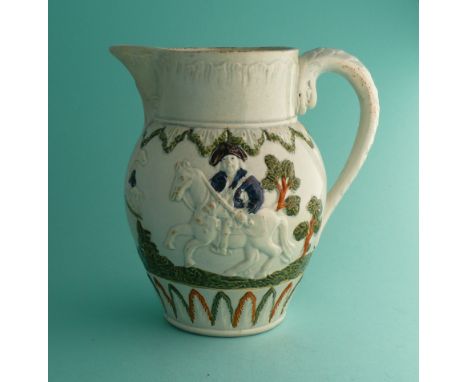 Duke of Cumberland: A Prattware jug with serpent handle moulded with an equestrian study and on the reverse Hercules slaying 