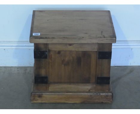 A small pine metal bound trunk with lift lid - 38cm x 29cm x 35cm high