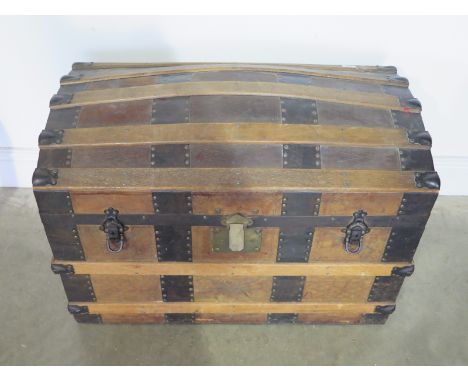 A vintage banded dome top trunk - Height 55cm x 78cm x 43cm