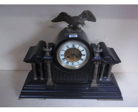 A black slate and ormolu architectural mantle clock - 41cm x 50cm - no pendulum, some chips